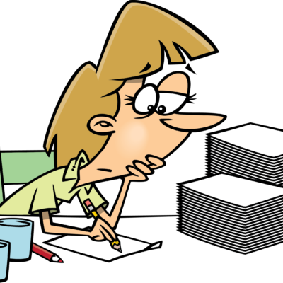 teacher marking a stack of papers looking exhausted.